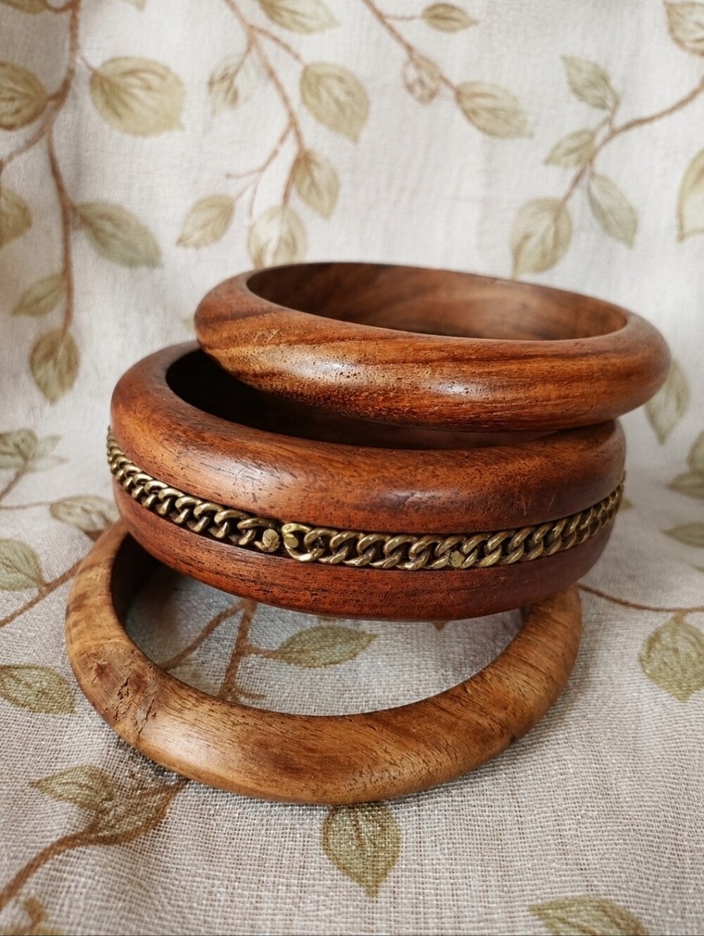 Bohemian Boho Set of 3 Wood Wooden Bangle Bracelets Made in India Chain Accent